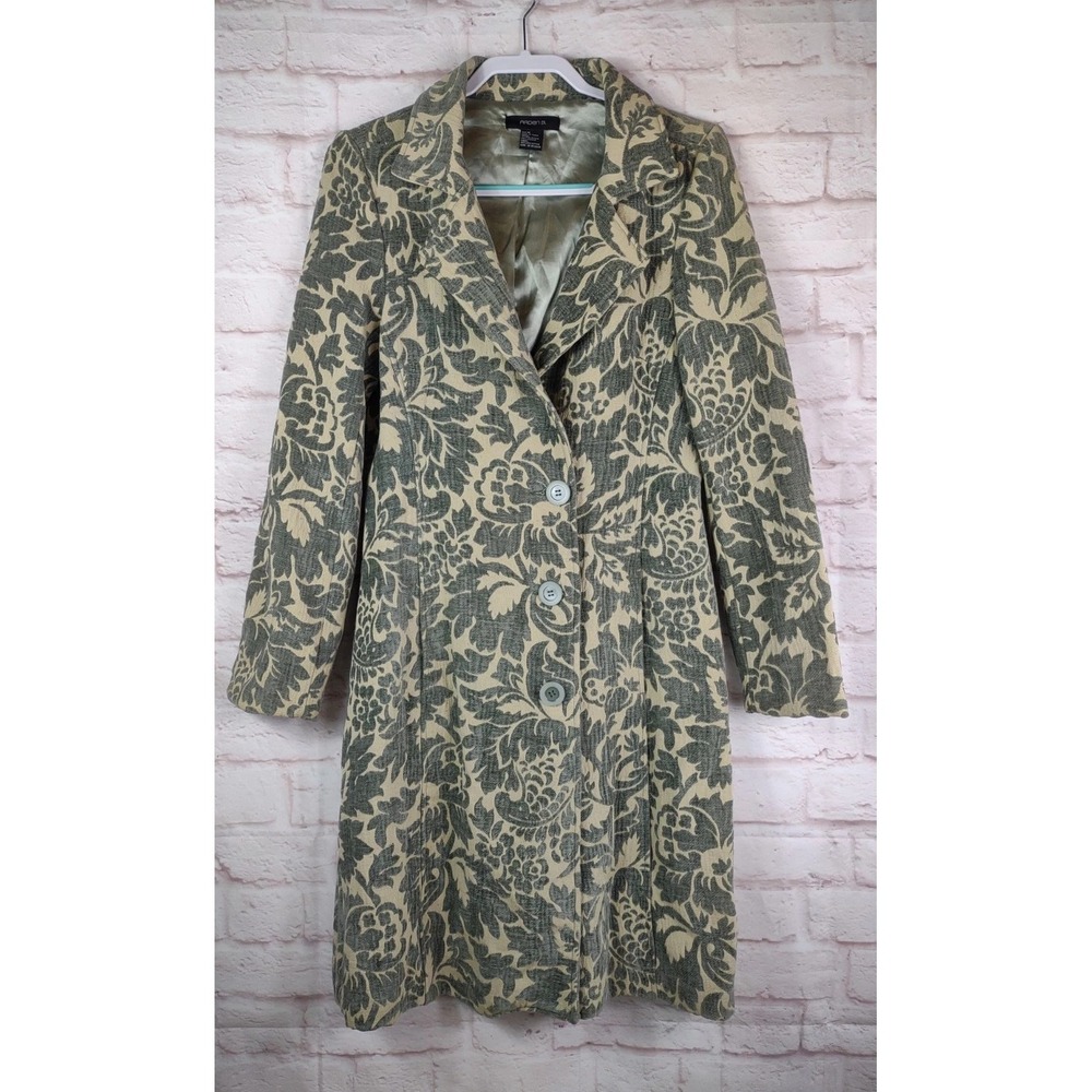 Arden B. Floral Brocade Tapestry Dress Coat Womens Medium Green Floral Boho Hip